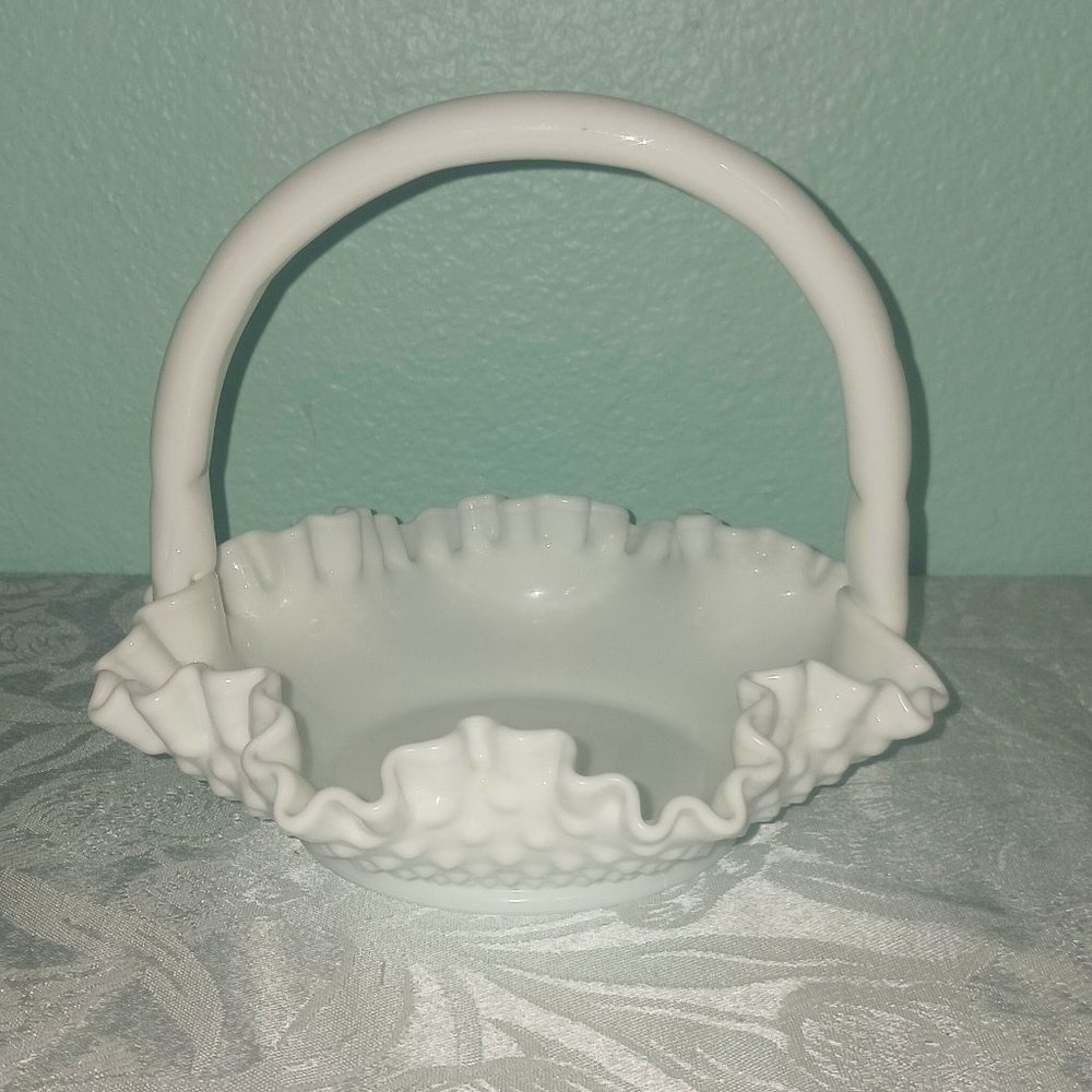 Vintage Fenton Hobnail Milk Glass Basket